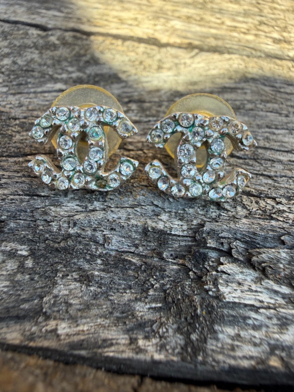 CHANEL Vintage Crystal Double C Stud Earrings - Clear Crystal and Silver Tone - Picture 3 of 10